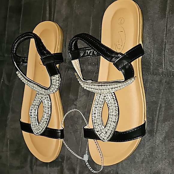 Karyn's Collection Womens Black Stretch Slip-on White Gems Pearls Sandal Size 7 - Picture 2 of 9